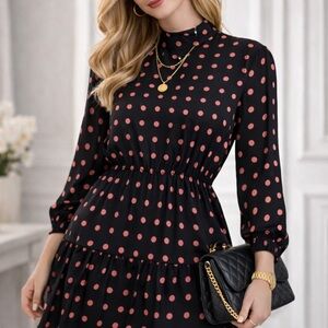 Zara Black Long-Sleeve Dress with Coral Pink Polka Dots